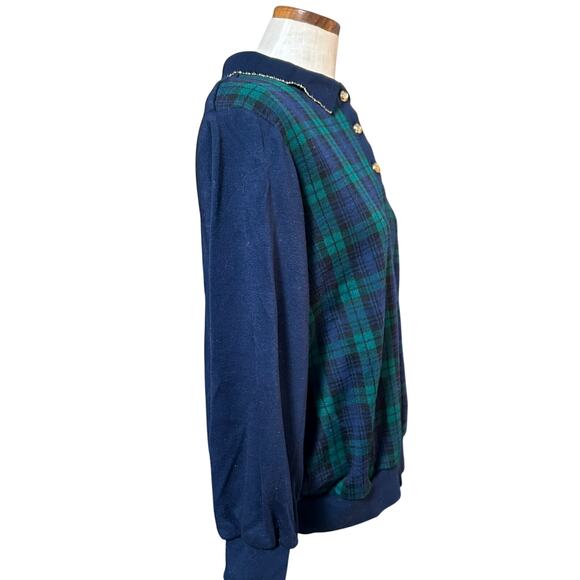 Vintage Cricket Lane Plaid Polo Sweater M 80s Blackwatch Preppy Gold Buttons - Picture 7 of 10